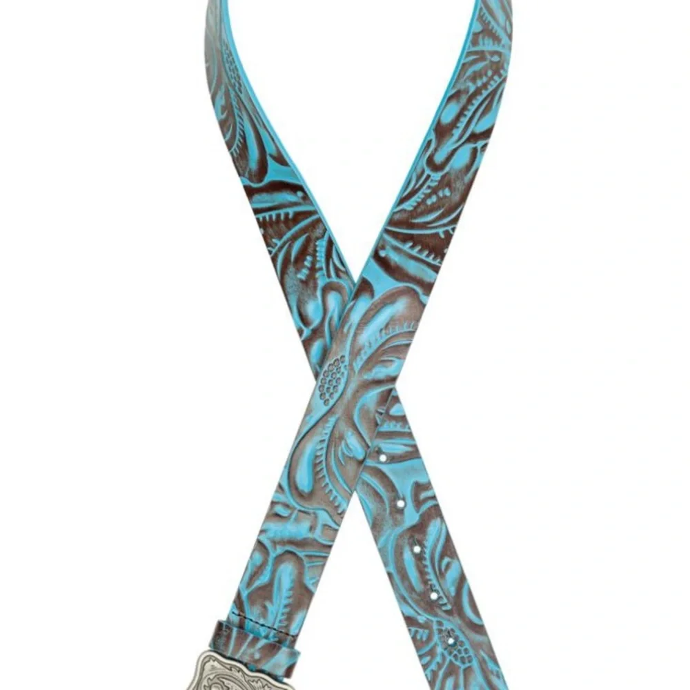 Patricia Nash Roseanna Stone Buckle Tooled Leather Belt-Turquoise-M 36
